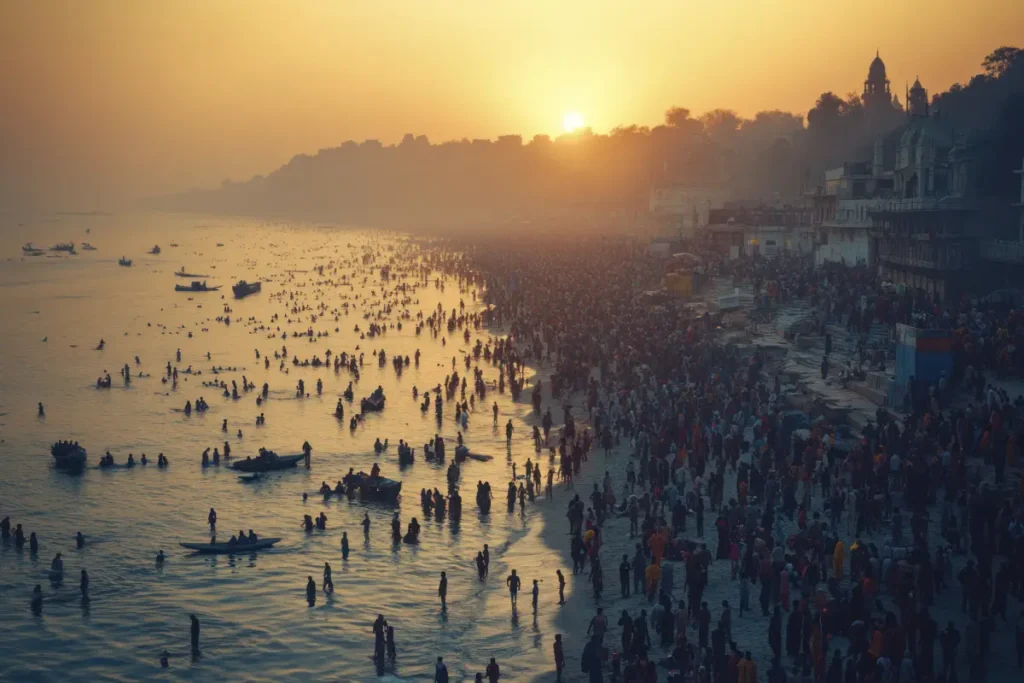 A serene sunrise over a bustling riverside filled with devotees taking ritualistic dips during Maha Kumbh Mela 2025, with historic architecture in the background.