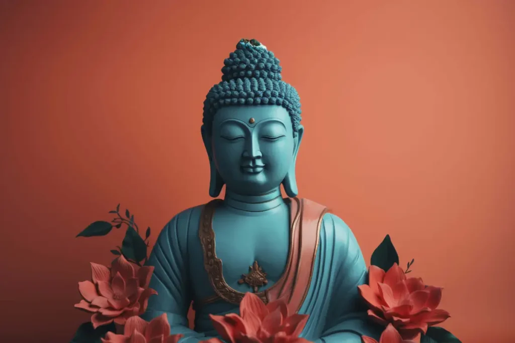 A serene statue of a blue Buddha adorned with intricate details, seated against a vibrant orange background, surrounded by blooming red lotus flowers, symbolizing peace and spiritual awakening, as referenced in the Mahavir Chalisa.