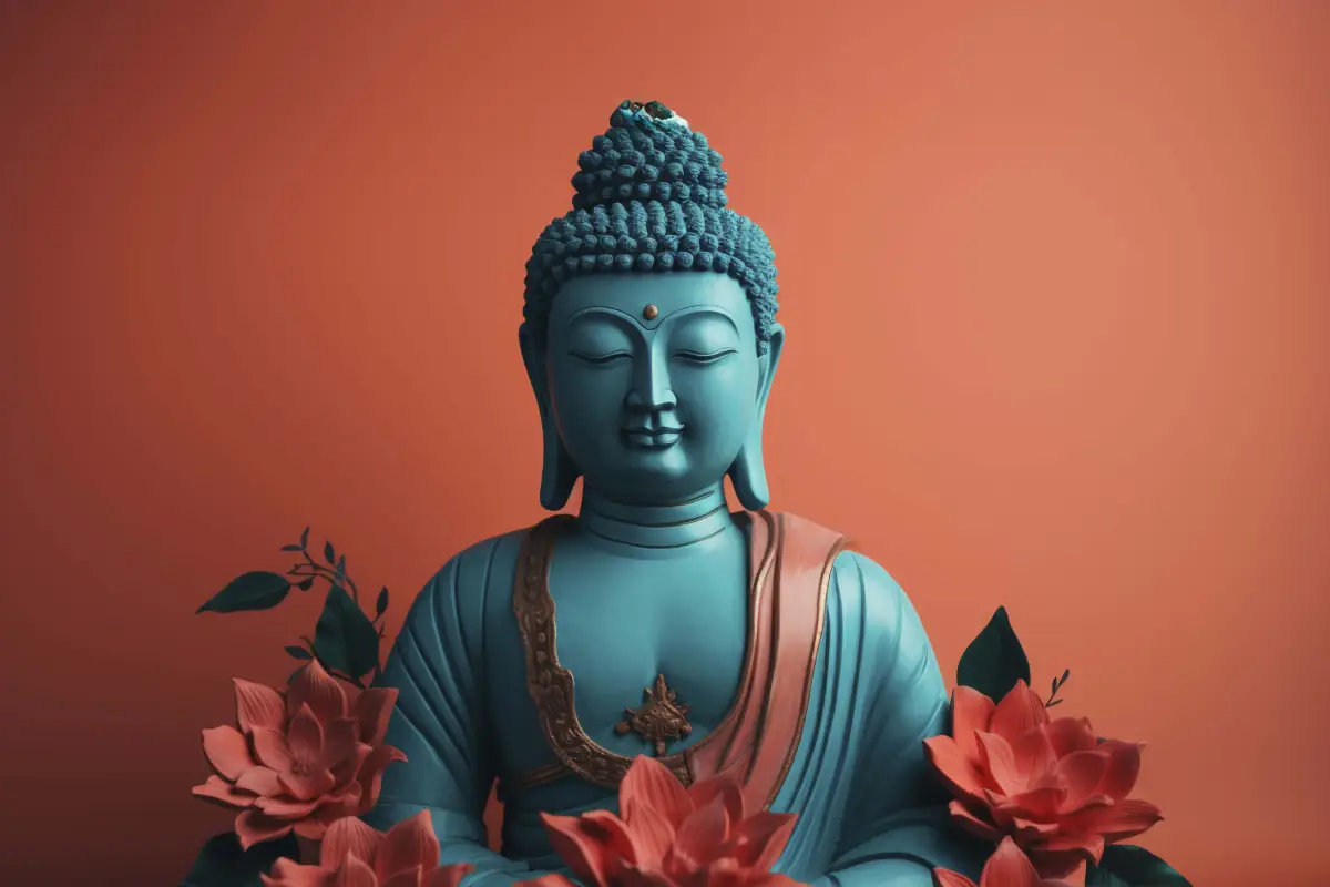 A serene statue of a blue Buddha adorned with intricate details, seated against a vibrant orange background, surrounded by blooming red lotus flowers, symbolizing peace and spiritual awakening, as referenced in the Mahavir Chalisa.