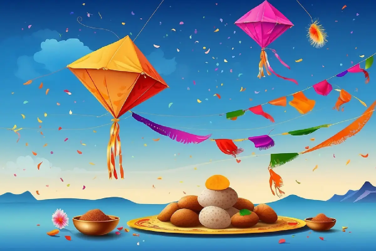 Colorful kites flying high in a bright sky above a platter of sweets, symbolizing the festive energy of Makar Sankranti 2025