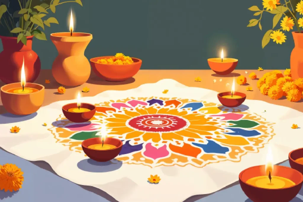 A colorful rangoli surrounded by lit diyas and marigold flowers, representing the harvest celebration of Pongal 2025.