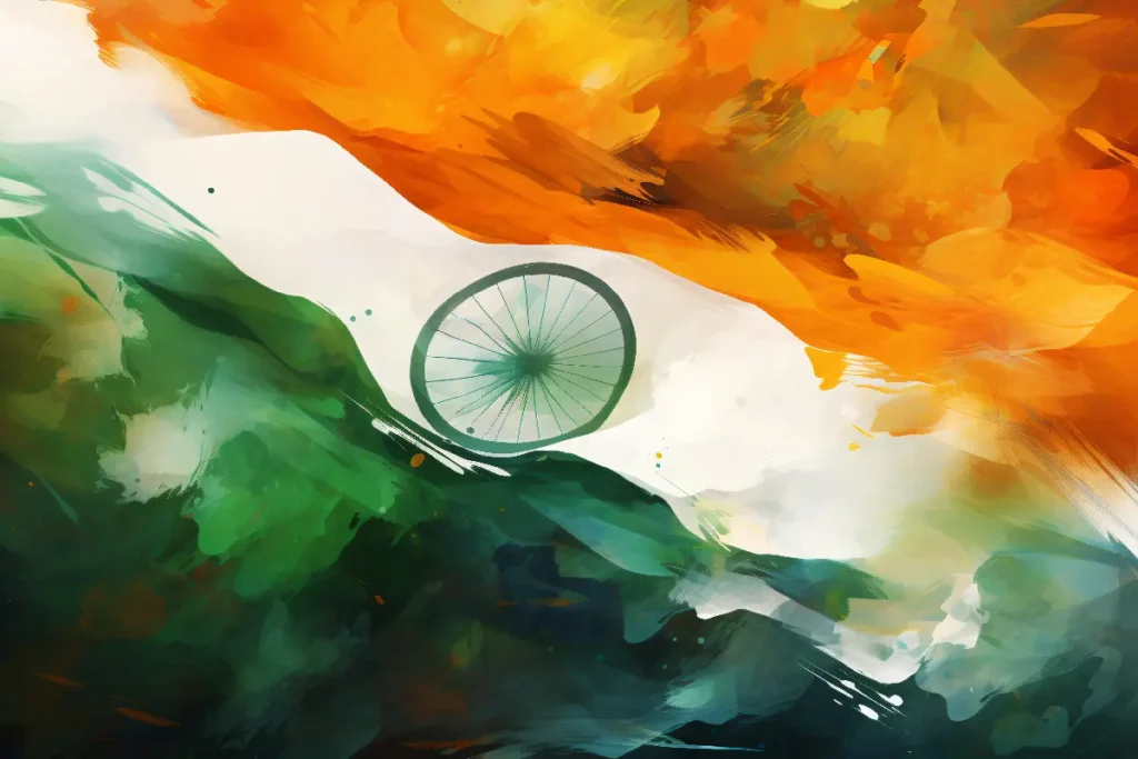 Abstract brushstrokes in saffron, white, and green forming the Indian tricolor with the Ashoka Chakra, commemorating Republic Day