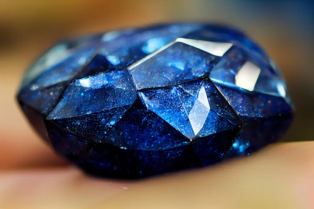 A close-up view of a stunning deep blue sapphire gemstone, September's birthstone, showcasing its radiant facets and sparkling brilliance.