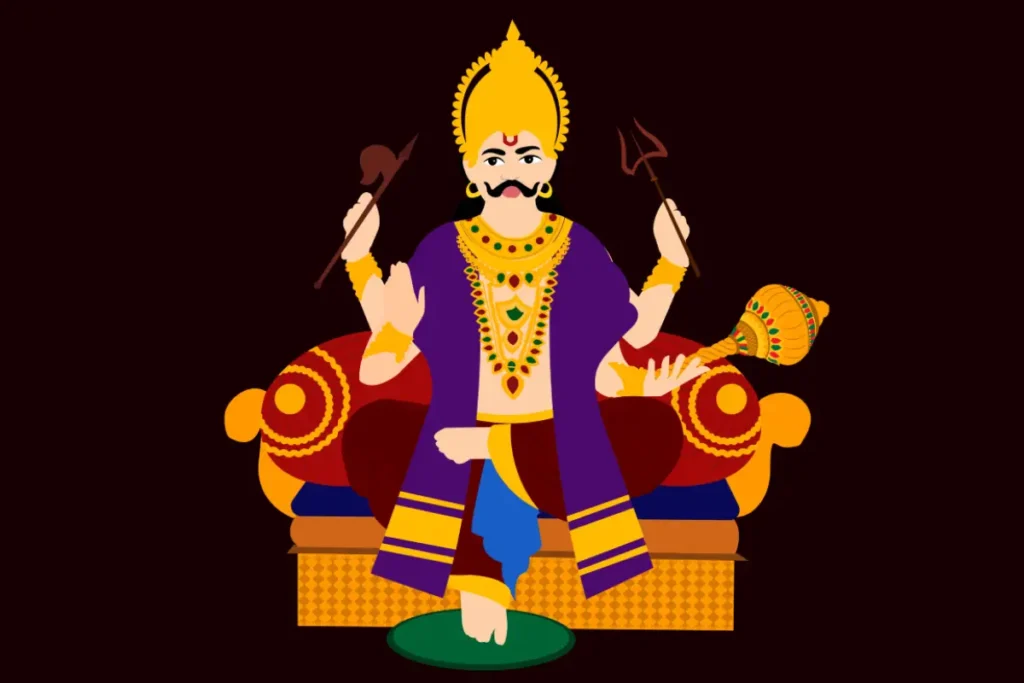 Artistic depiction of Shani Dev, the Hindu god of justice, wearing a purple robe and golden ornaments, seated on a throne with symbolic attributes in his multiple hands.