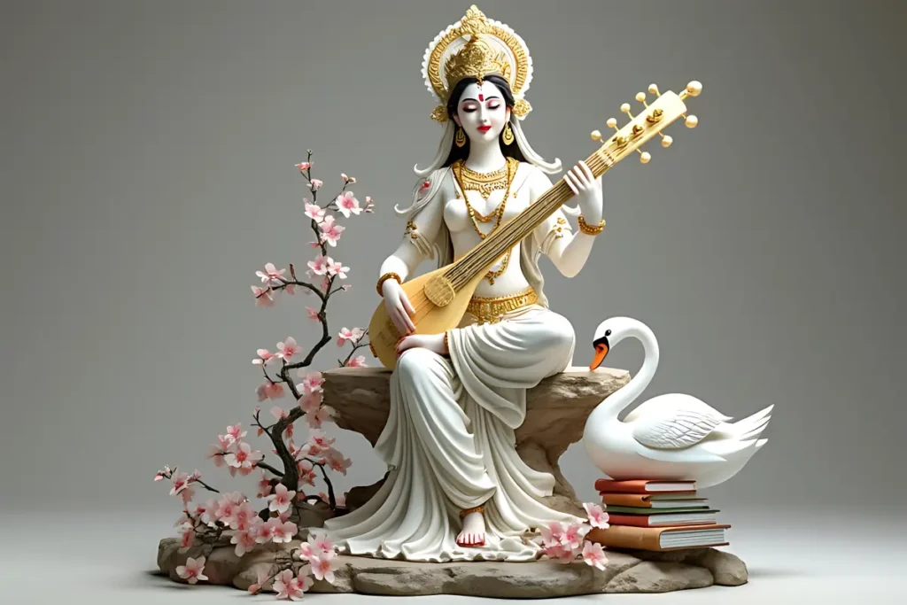 Statue of Goddess Saraswati playing a veena, accompanied by a swan and blossoming flowers.